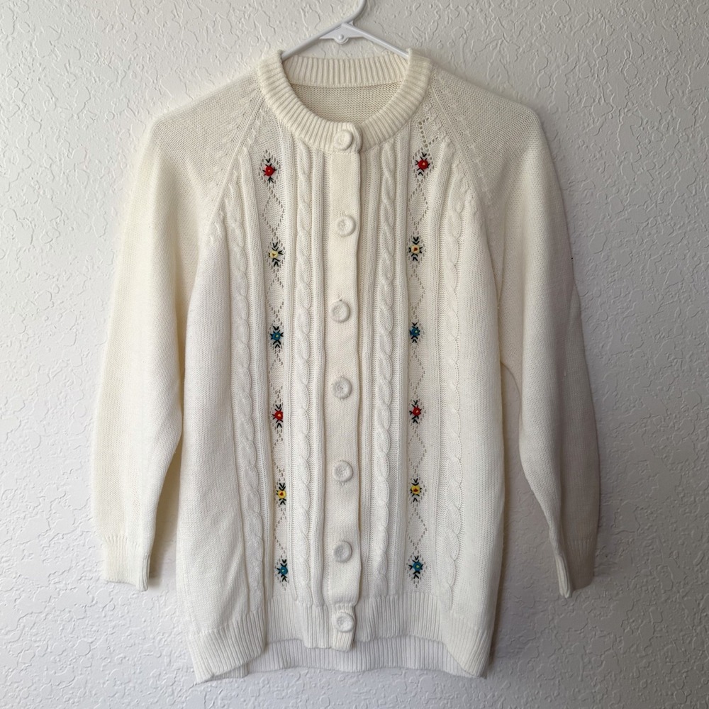 Vintage Cardigan Sweater Grandma Cottagecore Cable Knit Floral Twee Cream Ivory